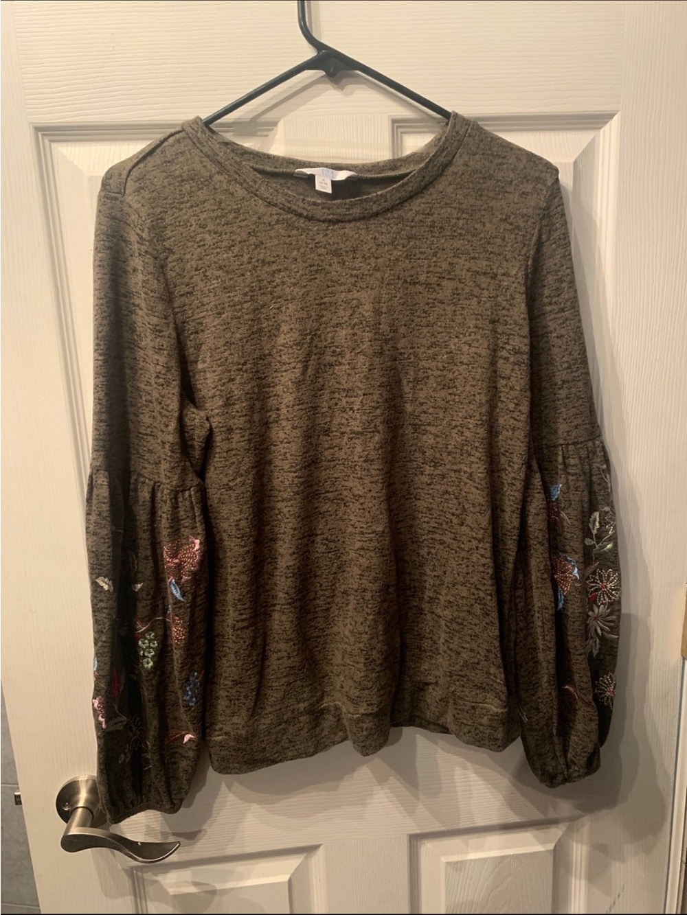 Time and Tru Olive Embroidered Bell Sleeve Pullover